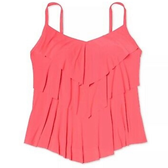 Aqua Green Plus Size Tiered Tankini Top- Neon Coral Pink - Picture 3 of 9